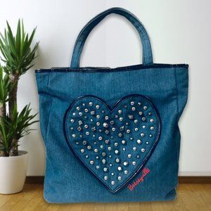 Betseyville By Betsey Johnson Denim Studded Heart Handbag Purse Carry On Bag